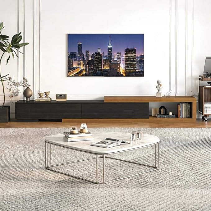 Extendable TV Stand with 2 Drawers, 80"-115" Modern Wood TV Console for Up to 120 Inch TV, Long Reversible Entertainment Center with Storage for Living Room Bedroom, Black& Walnut