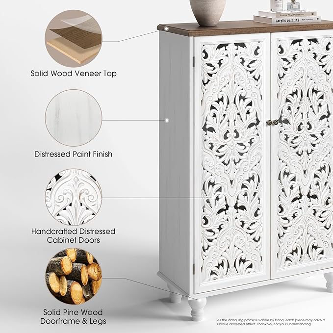 JOINICE 47" Tall Accent Cabinet with Carved Doors, Distressed White Wood Storage Cabinet with 3-Tier Shelves, Boho Farmhouse Sideboard Buffet for Small Spaces, Entryway & Living Room