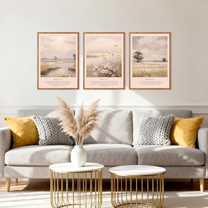 HPINUB Christian Bible Verse Framed Canvas Wall Art Set, (Set of 3,12X16 Inch) Modern Scripture Floral Wall Decor,Vintage Jesus Religious Natural Wildflower Art Print For Living Room,Prayer Room