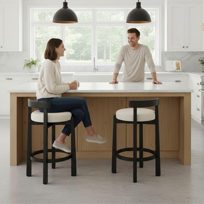 LukeAlon Mid Century Linen Counter Stools Set of 6, Upholstered 26.5” Seat Height Low Barstools with Black Wood Legs Round Low Back Kitchen Stools with Footrest for Dining Room Restaurant, Beige