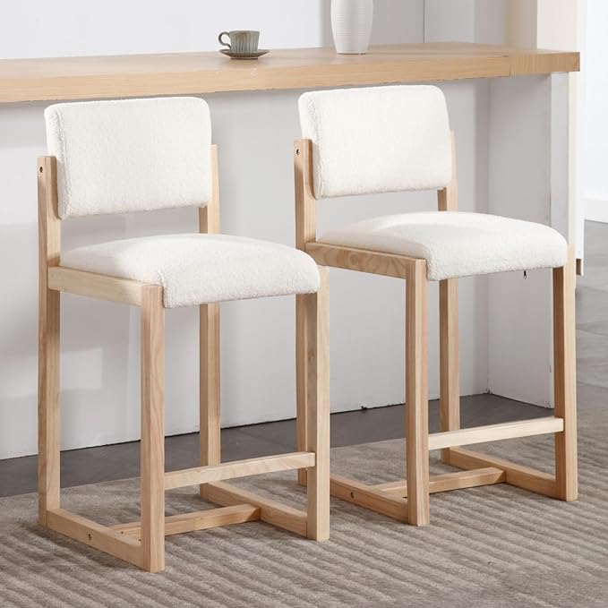 DUOMAY Modern Bar Stools Set of 2, 26" Counter Height Barstools, Sherpa Upholstered Kitchen Island Chair with Wood Legs for Home Bar Coffee Shop, White
