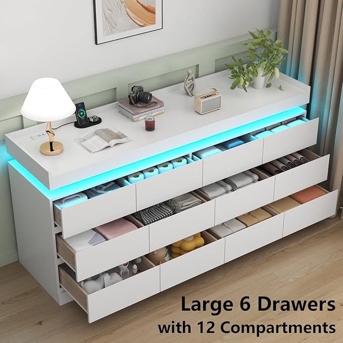Gyfimoie 12 Drawer Dresser with Power Outlet, Dresser with LED Light, Modern Chest of Drawers for Closet, Double Wide Drawer Organizer Cabinet for Bedroom, Living Room (White, 12 Drawers)