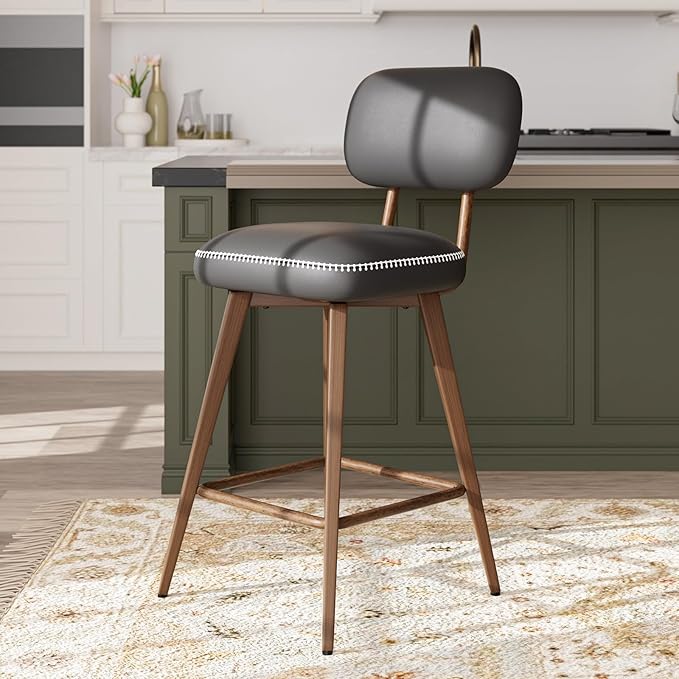 MALOL 26“ Swivel Bar Stools Set of 4, Mid Century PU Leather Counter Height Bar Chairs with Low Back and Metal Legs, Modern Bar Stool Chair for Kitchen Island, Black