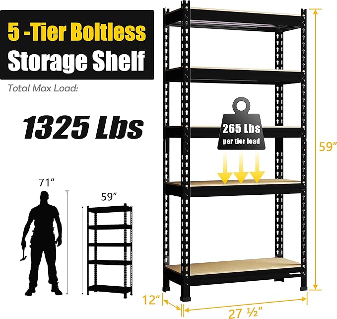 PrimeZone Storage Shelves 4 Pack 5 Tier Adjustable Garage Storage Shelving, Heavy Duty Metal Storage Utility Rack Organizer Shelf Unit for Warehouse Pantry Closet Kitchen Basement, Black