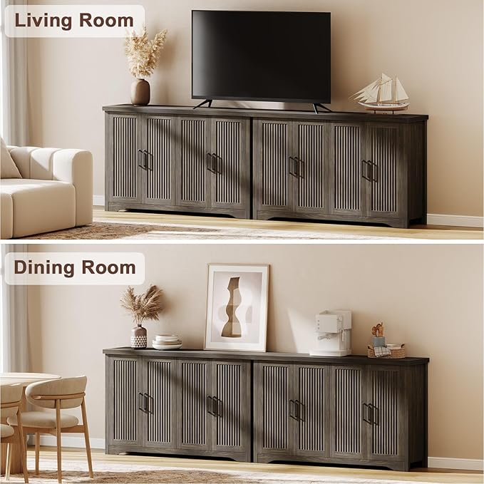Memobarco Fluted Buffet Cabinet with Storage Accent Sideboard,Modern Credenza with 4 Doors & Adjustable Shelves,Wood Coffee Bar Table Console for Dining Room Kitchen Living Room Entryway,Gray