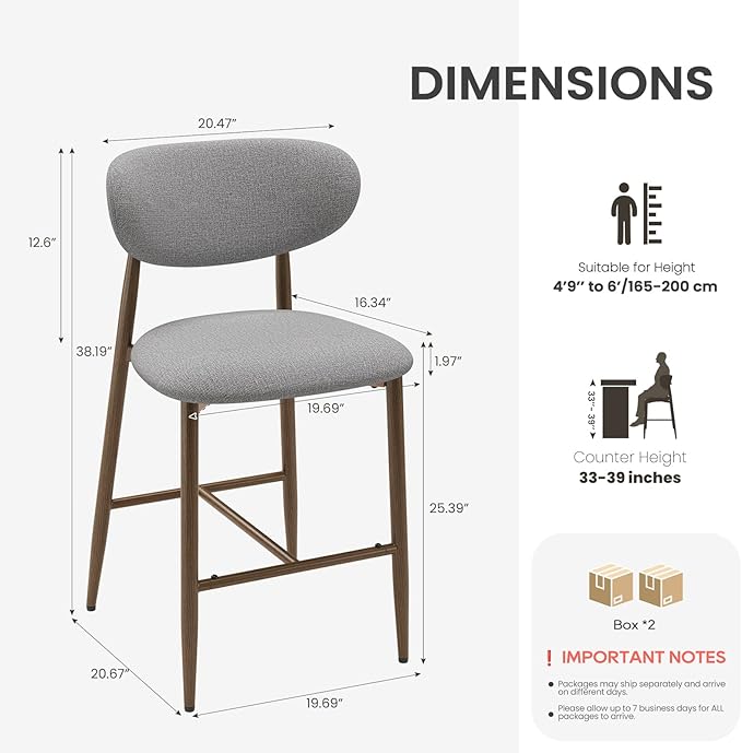 MALOL Bar Stools Set of 4, Counter Height bar stools, Kitchen Bar Stools with Backs, Modern Upholstered, Modern Bar Stools with Metal Legs for Kitchen Island, Counter, Light Grey