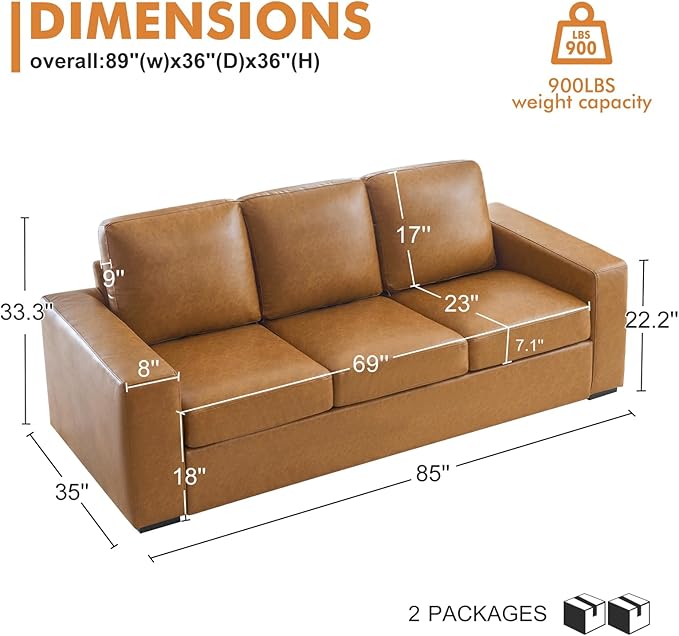 ELUCHANG 85" Luxury 3 Seater Sofa Couch for Living Room, Modern Upholstered Faux Leather Sofas Couches with Extra Deep Seats&Removable Cover, Comfy Sofa Couch for Small Space Apartment Lounge, Brown