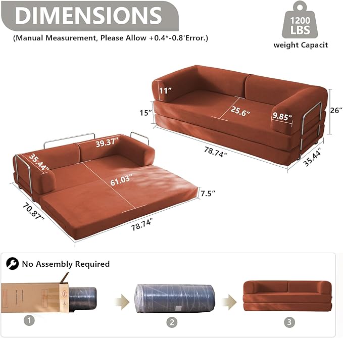 WHGBJA 79" Convertible Sleeper Sofa Bed with Cylindrical Pillow, Corduroy Folding Mattress Couch with Fixed-Shape Frame, Floor Sofa Lounge Couch for Living Room Bedroom Lounge Studio