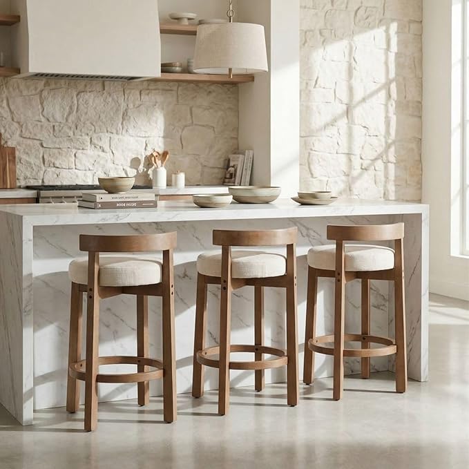 LukeAlon Mid Century Linen Single Counter Stool, Upholstered 26.5" Seat Height Low Barstools with Natural Wood Legs Round Low Back Kitchen Stool with Footrest for Dining Room, Beige