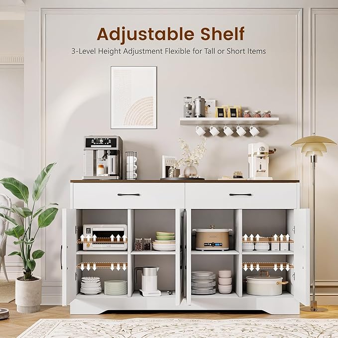 Sideboard Buffet Cabinet with Storage, 55.1" Large Kitchen Storage Sideboard with Drawers & Doors, Modern Wood Farmhouse Coffee Bar Cabinet, Buffet Table for Kitchen, Living Room, White, 55.1INCH