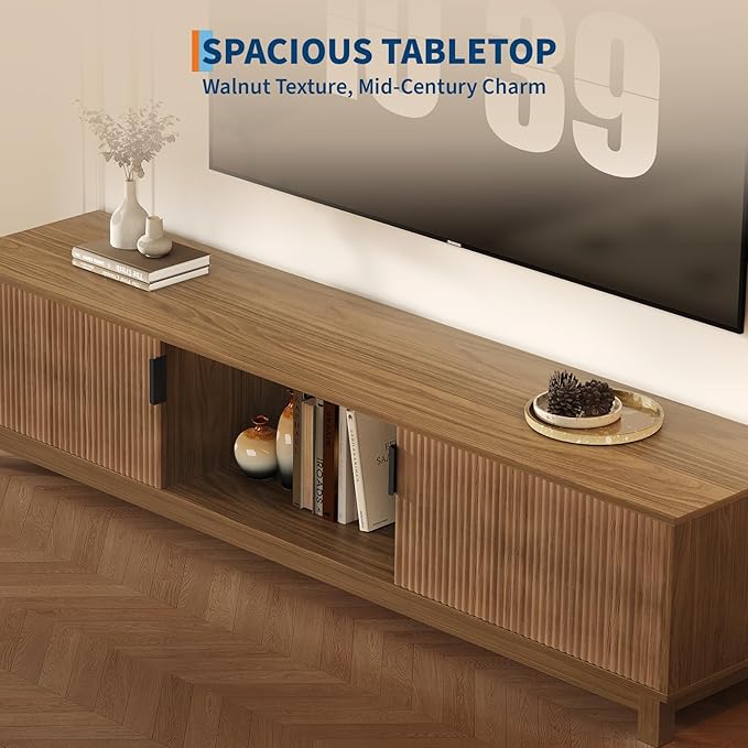 GarveeHome 70" Long TV Stand for Living Room, Mid Century Modern Entertainment Centerfor TVs Up to 75 Inches, TV Console with Fluted Doors & Open Storage Compartment for Livingroom Bedroom- Walnut