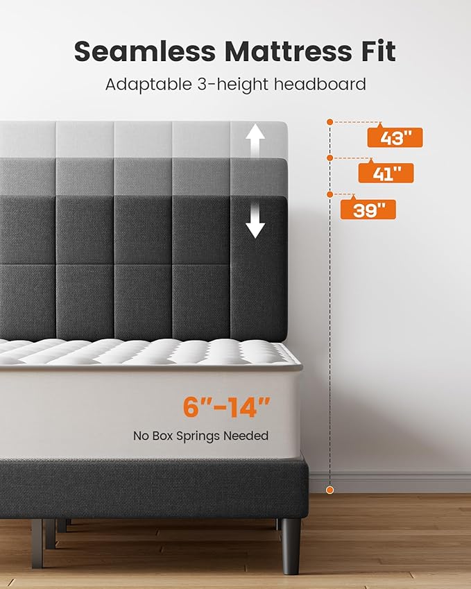 Pipishell Twin Bed Frames with 12 Thickened Legs&Fabric Upholstered Headboard,1300 Lbs Strong Weight Capacity, Adjustable Headboard, No Box Spring Needed, Easy Assembly, Underbed Storage（Solid Wooden）