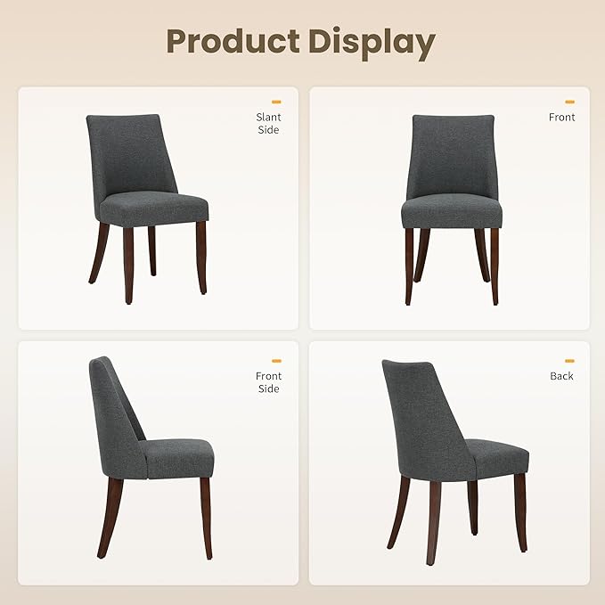 Wooden Dining Chairs Set of 4, Upholstered Farmhouse Fabric Dining Room Chair, Mid Century Kitchen Chair for Restaurant & Cafe, Dark Grey