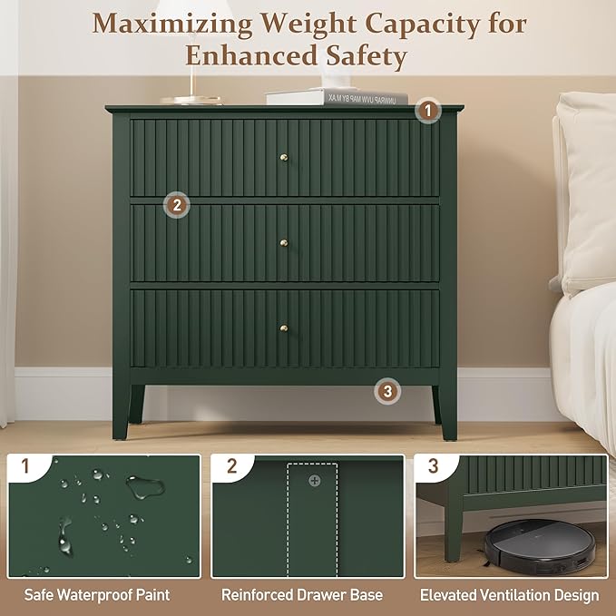 RoyalCraft Fluted 3 Drawer Dresser, 32 inch Wide Dresser Nightstand for Bedroom, Modern Wood Chest of Drawers, Large Painted Nightstand with 3 Drawers for Closet, Hallway, Entryway, Dark Green