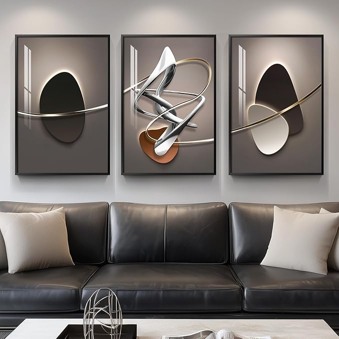 Framed Large Modern Abstract Wall Art for Living Room, Large 3 Piece Black and White Bright Style Artwork, Minimalist Geometric Painting Prints for Dining Room Hallway Office Wall Decor, 24x36 In