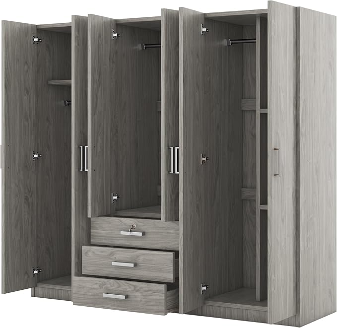 6 Door Armoire Wardrobe Closet with Big 3 Drawers, Wooden Freestanding Bathroom Armoire Cabinet with Shelves and Hanging Rod, Clothes Storage Organizer for Bedroom, Guest Room (Gray-8)