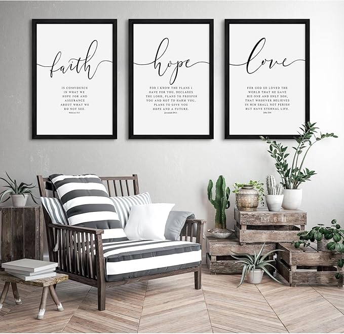 Bible Verses Wall Decor 3 Pieces Scripture Quotes Canvas Wall Art Faith Hope Love Scripture Posters Prints Christian Artwork Pictures for Living Room Bedroom Decoration 16x24 Inch Black Framed