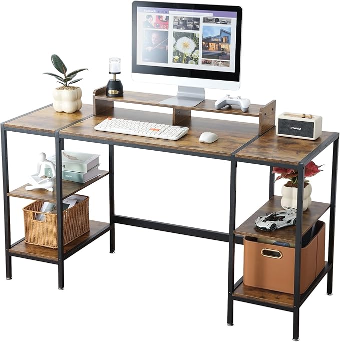 MINOSYS 55-inch Computer Desk with Storage Shelf - Vintage Ideal Gaming Desk for Bedrooms, Small Spaces, and Home Offices Modern Writing Desk for PCs.