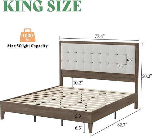 AMERLIFE King Size Bed Frame and Headboard, Solid Wooden Bed Frame King Size Platform Bed Frame Mid-Century Style, No Box Spring Required, Ash Gray | Noise-Free, Sturdy Frame, Easy Care, Back Support, Breathable Material