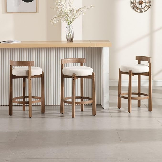 LukeAlon Mid Century Linen Single Counter Stool, Upholstered 26.5" Seat Height Low Barstools with Natural Wood Legs Round Low Back Kitchen Stool with Footrest for Dining Room, Beige