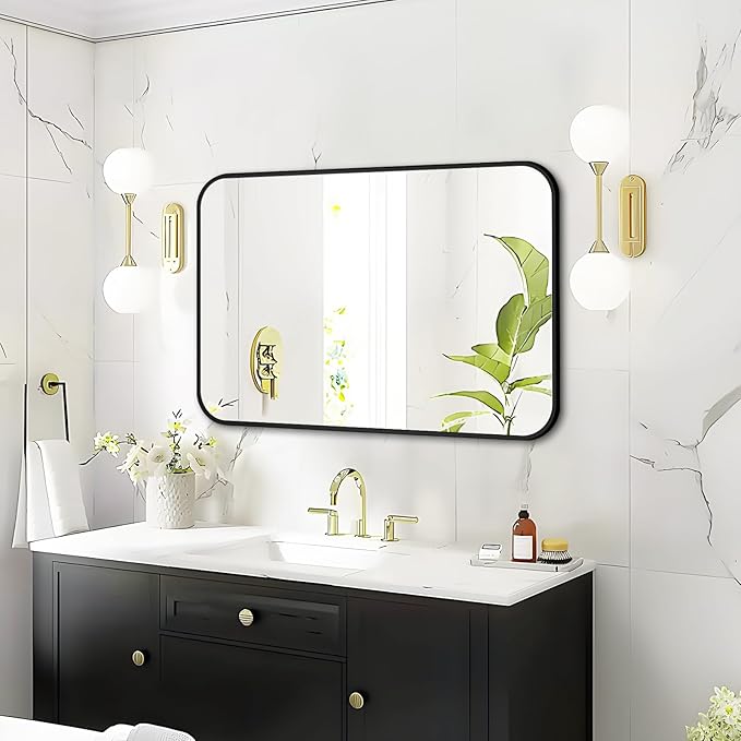 Fabuday Black Bathroom Mirror for Over Sink - 20x30 Matte Metal Framed Wall Mirror, Rounded Rectangular Vanity Mirrors for Living Room, Bedroom, Entryway, Hallway, Horizontally/Vertically