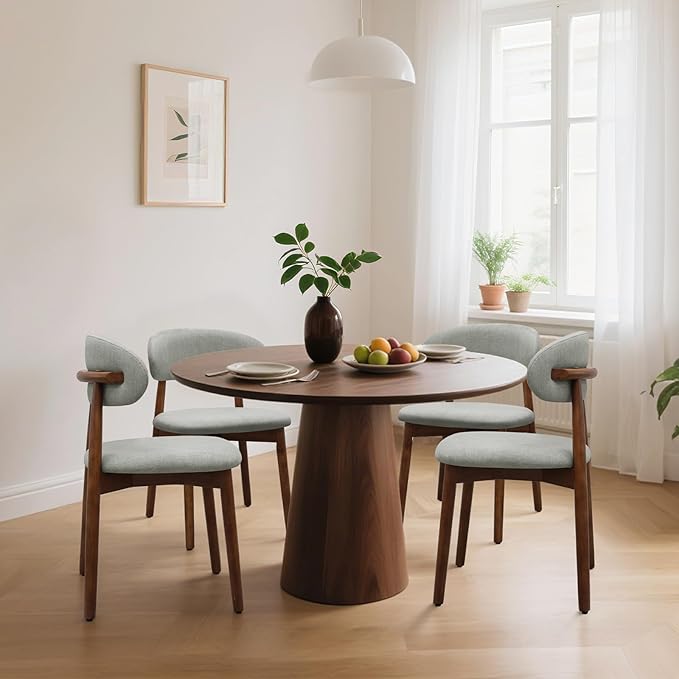 Farmhouse Dining Chairs Set of 4, Mid Century Modern Fabric Upholstered Kitchen Chairs, Wooden Dining Room Chair with Curved Back for Kitchen Dining Room Restaurant Cafe, Light Green (Only Chairs)