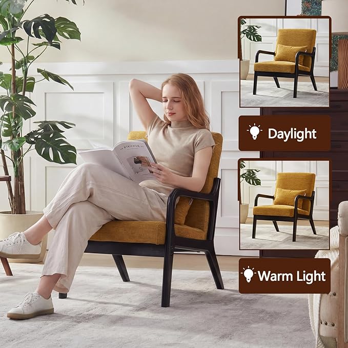 Achicsofar Accent Chair Mid Century Modern Armchair with Lumbar Support Pillow Wood Legs PU Leather Upholstered Lounge Chairs Comfy High Back Cushion for Living Room Bedroom