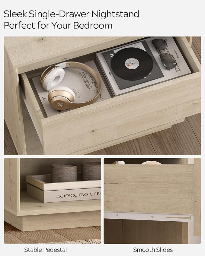 EYYTHUNG Modern Nightstand, Wood End Side Table with Storage and Open Shelf, Farmhouse Accent Night Stand Bedside Table for Bedroom, Light Oak