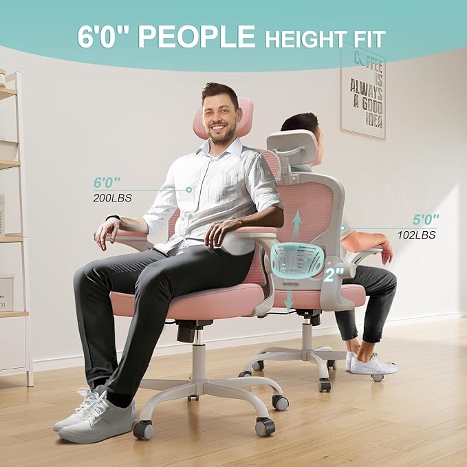 Office Chair Ergonomic Desk Chair, 330LBS Capacity, High Back Computer Design for Long Hours Comfort, Rolling Swivel Executive Task for Home Office with Flip-up Armrests, Grey Pink