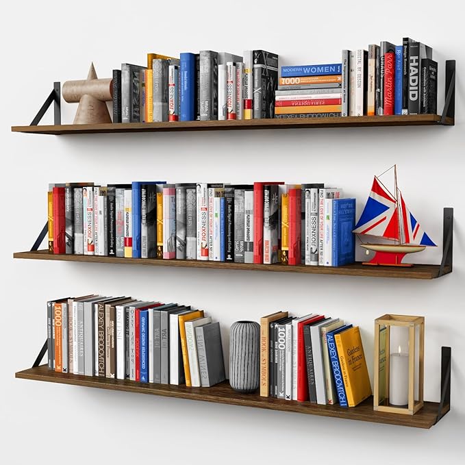 Forbena 48 Inch Floating Shelves for Wall Long Set of 3, Large Wooden Wall Bookshelf for Bedroom Books, Rustic Wood Hanging Bookshelves for Living Room Laundry Closet Kitchen Storage (Dark Brown)