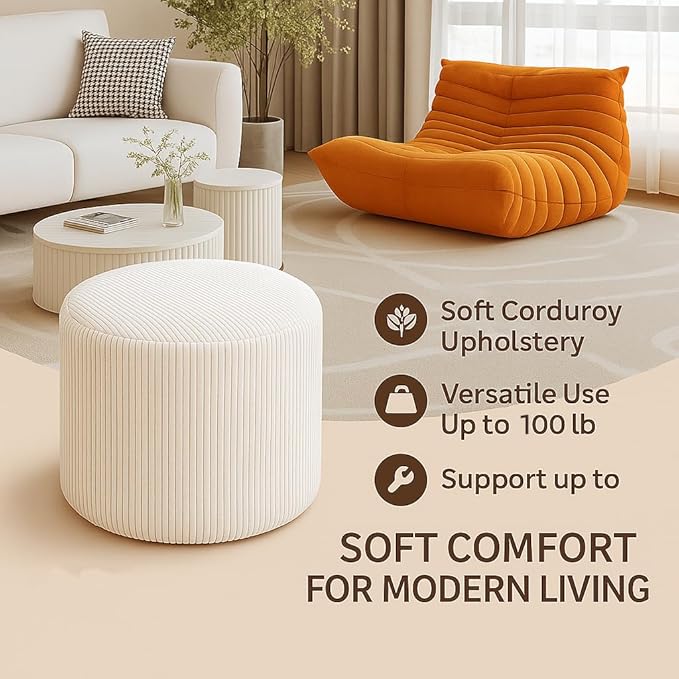 Corduroy White Ottoman Foot Rest Stool – Textured Boucle Corduroy Fabric Footstool with Soft Foam, Round Lightweight Pouf for Cozy Living Room, Bedroom – Warm White
