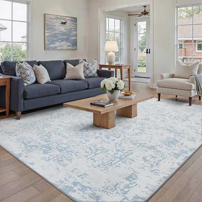 8x10 Fluffy Area Rug Blue Shag Neutral Carpet for Living Room Soft Medium Pile Floral Large Rug for Bedroom Dorm Office Dining Room Kitchen Nursery Modern Decor