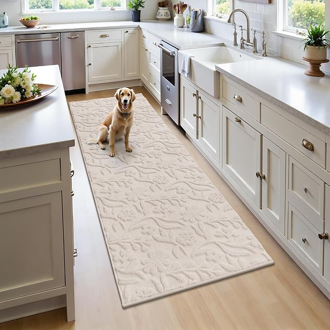 Vaukki 2x6 Runner Rug for Living Room, Soft Fluffy Washable Modern Floral Indoor Floor Mat, Non Slip Shaggy Boho Accent Throw Carpet for Bedroom, Living Room, Nursery and Dining Room, Beige