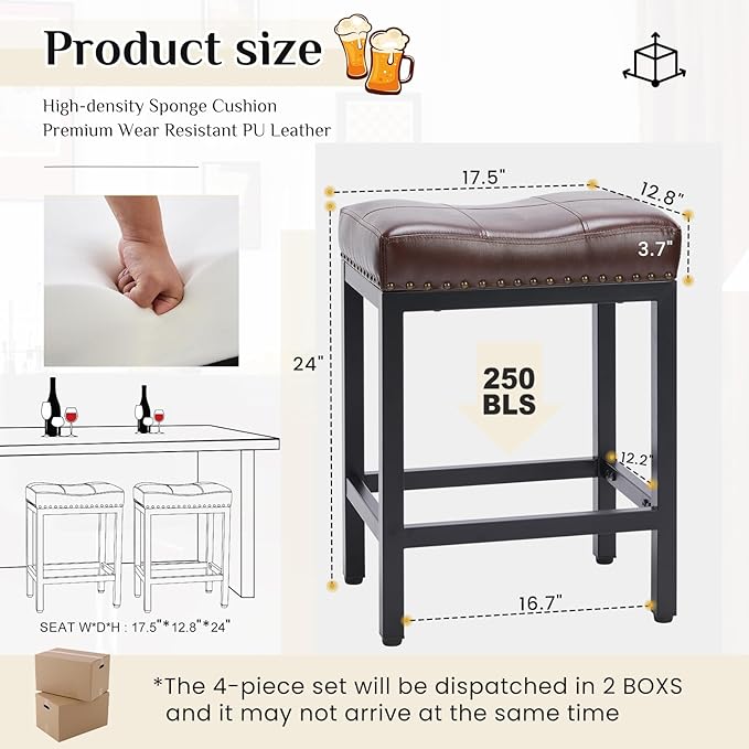 Sweetcrispy Bar Stools Set of 4, 24 Inch Counter Height Stools, PU Leather Upholstered Bar Chairs with Footrest, Modern Bar Stools for Kitchen Island, Dining, Living Room, Brown