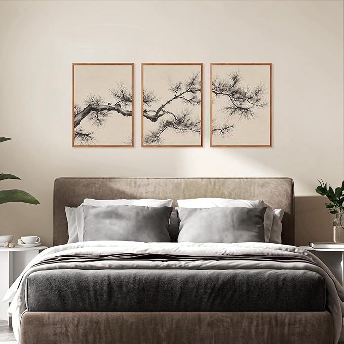 HPNIUB Vintage Sketch Pine Tree Framed Canvas Wall Art Set, Brown Antique Tree Branch Wall Decor, Nature Botanical Art Print, Modern landscape Pictures for Living Room, Office(Set of 3,12X16 Inch)