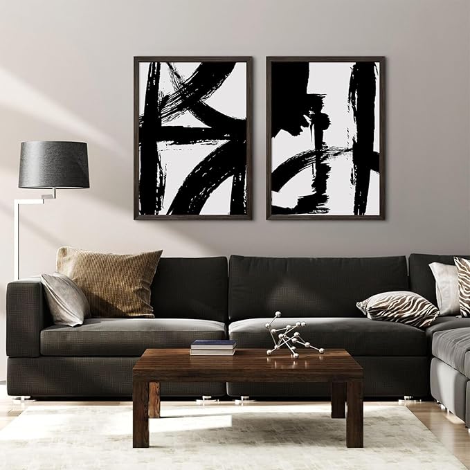 Black and White Wall Art Abstract Modern Painting Minimalist Line Canvas Wall Art Decor Black And White Poster Abstract Artwork Prints for Living Room Bedroom 16x24 Inch Framed Set of 2