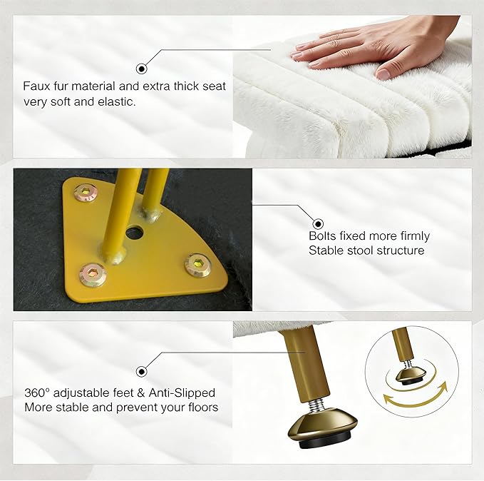 ACEQLYT® Small Foot Stool, Small Ottoman with Storage, White Furry Footstool with Soft Padded Seat & Gold Metal Leg
