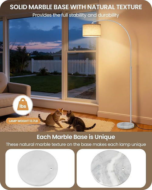 75" Arc Floor Lamp with Marble Base and Adjustable Height, Rotating Hanging Shade, Dimmable Floor Lamp for Living Room with Remote and Foot Switch, 3CCT, Beige Shade and Silver Pole SE15LD05N1