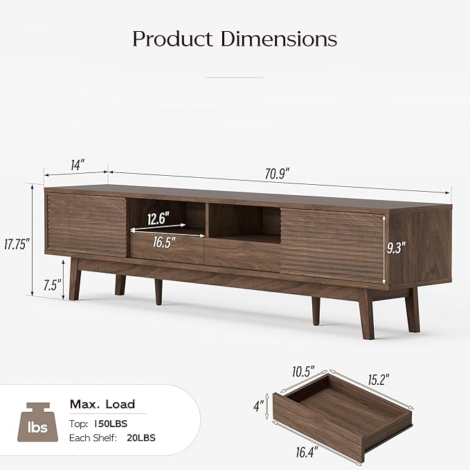 TOLEAD 70" Mid Century Modern TV Stand for TVs up to 75 Inch, Low Profile Entertainment Center with Fluted Sliding Doors & Storage Drawers, Wood TV Console Table for Living Room, Walnut