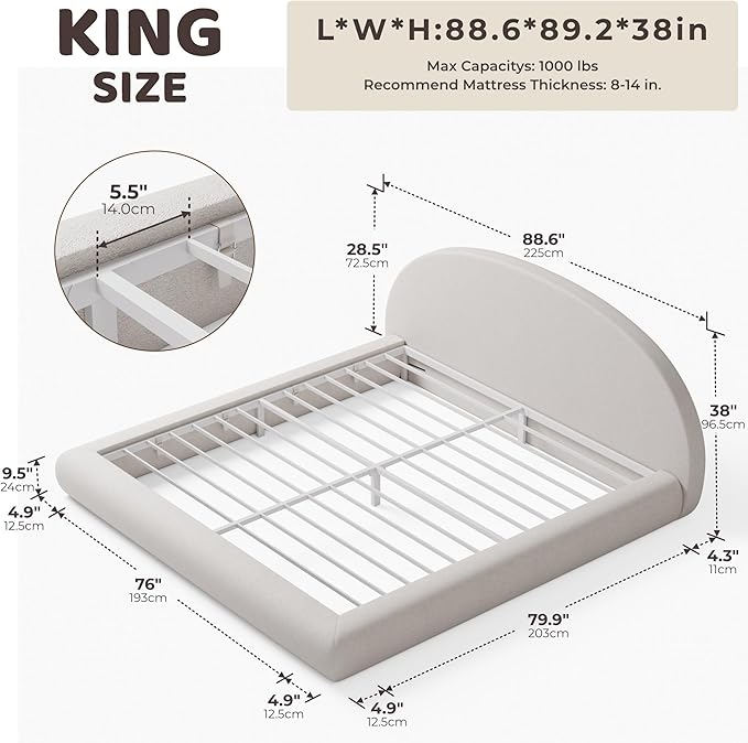 RECCI AirFrame Half-Moon Upholstered King Platform Bed Frame, Velvet Curved Arched Base with Headboard, 5 Inch Fully Round Cushioned Foam, No Box Spring Needed, Easy Assembly | Round Shaped, Boucle, Low-profile, Soft