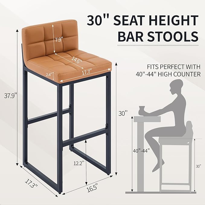 FIRAVOE Bar Height Bar Stools Set of 2, Tall Counter Stool Barstools with Back, 30-inch Seat Height Island Stools Comfortable Bar Chairs for Kitchen Island (Caramel Brown, 2Pcs 30" Bar Stools)