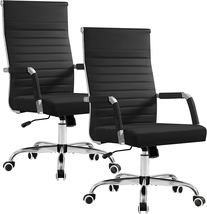 Furmax Ergonomic Office Desk Chair, Executive Ribbed Mid-Back PU Leather Conference Room Chair Adjustable Swivel Chair with Arms (2, Black)