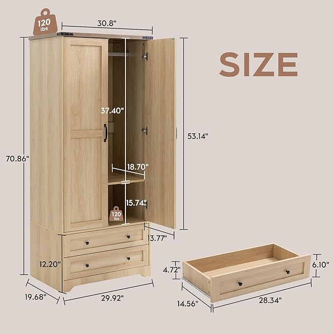 Brafab Armoire Wardrobe Closet with 2 Modern Doors Set of 2, 71" Tall Freestanding Closet Wardrobe Cabinet with Drawers and Hanging Rail, Wooden Storage Cabinet with Shelve for Bedroom, Natural