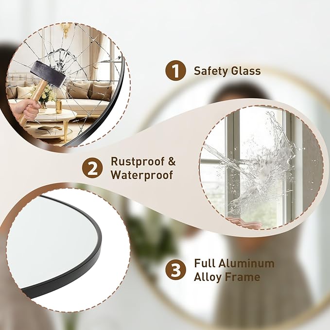 NEWBULIG 24 Inch Round Wall Mirror, Bathroom Mirror for Over Sink, Matte Metal Framed Circle Vanity Mirror, Wall Decor for Bedroom, Entryway, Anti-Rust, Tempered Glass, Hanging or Leaning, Black