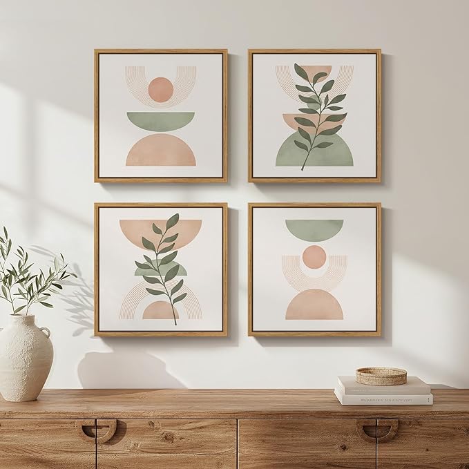 Framed Boho Abstract Wall Art, 4 Piece Pink Green Botanical Plant Modern Pictures Decor, Minimalist Farmhouse Geometric Mid Century Painting Prints for Bathroom Living Room Bedroom 12x12 Inch