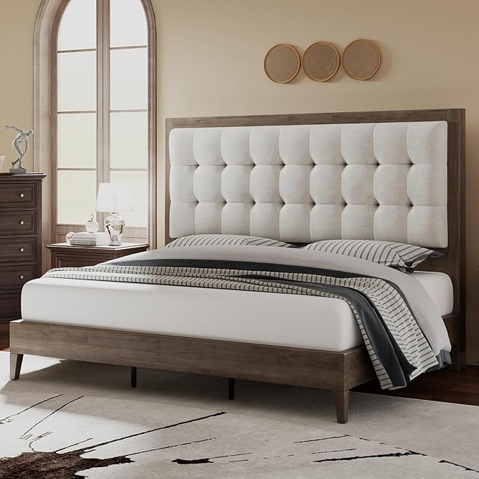 Jocisland Solid Wood Queen Size Bed Frame 50.2" Tall Upholstered Headboard, Mid-Century Style, Stable Platform Support, No Box Spring Needed, Ash Gray