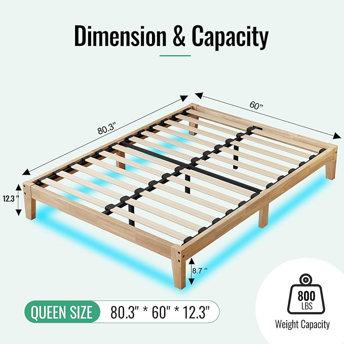 Queen Size Solid Wood Platform Bed with Led Light - Noise-Free Design with Metal and Wood Slat Support, No Box Spring Needed, Easy Assembly, Natural Wood Finish