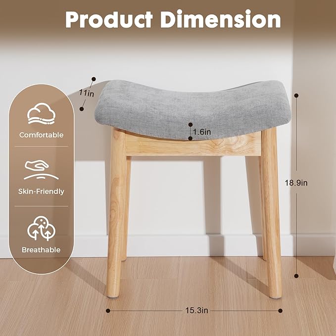Square Linen Makeup Stool Small Ottoman Stool Chair for Vanity, Modern Padded Seat Foot Rest for Makeup Room, Bathroom (Classic-LightGray)
