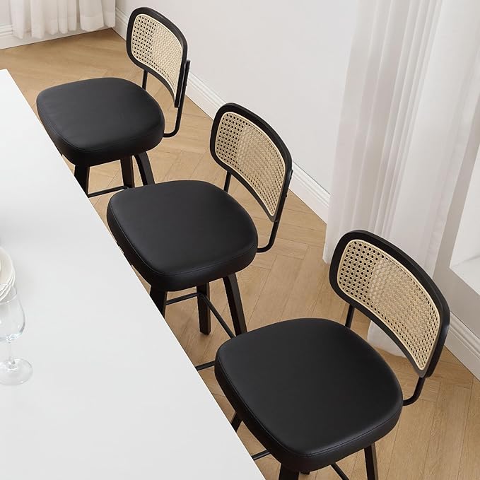 Bekrvio Swivel Bar Height Stools Set of 4, Upholstered Faux Leather Barstools with Rattan Back, 29" Seat Height Tall Bar Stools for Kitchen Counter, Black Wood Frame, Black