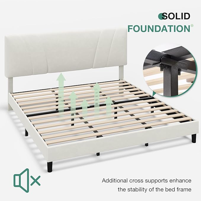 Novilla King Bed Frame and Headboard, King Bed Frame, Velvet Upholstered Bed Frames, No Box Spring Needed, Heavy Duty Feet, Easy Assembly, White Velvet